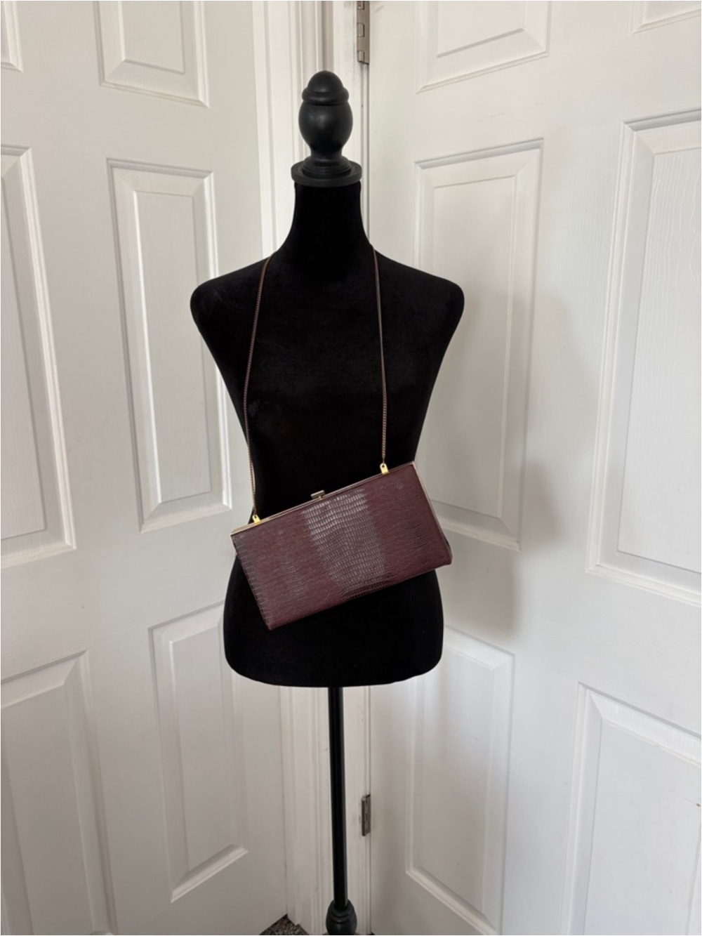 Unique Vintage Burgundy Crossbody Clutch with Gold Chain